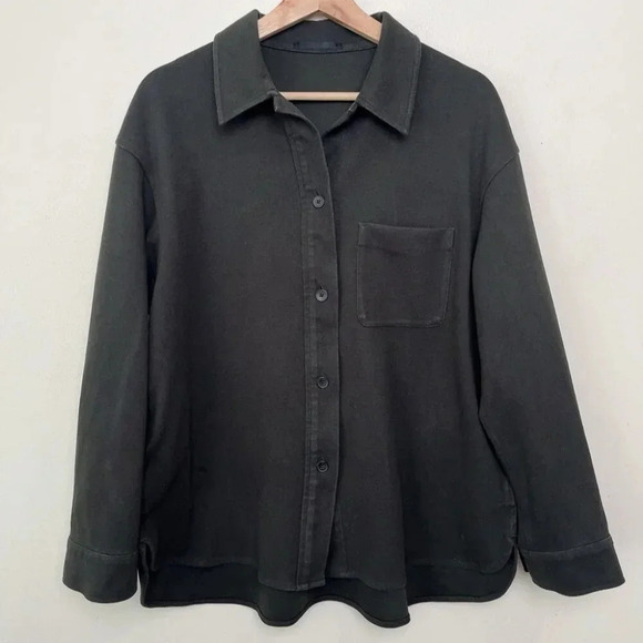 Uniqlo Womens Medium Dark Olive Brush Jersey Button  Oversized Shirt - Picture 2 of 15